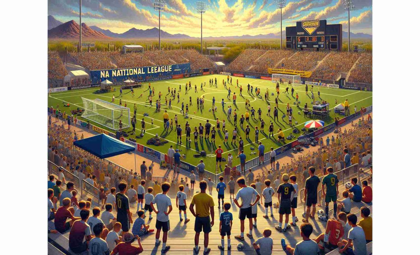 A detailed and realistic high-definition image illustrating the excitement and anticipation filling the air at an Arizona soccer field. Elite youth soccer teams from all around the country are arriving for the National League Quarterfinals. Expect to see the field meticulously prepared, adorned with banners and flags. Various youth teams, of diverse descents and genders, huddled in discussions, practicing, or strategizing their game plans beside their coaches. The atmosphere is abuzz with excitement, spectators filling the grandstands, vibrant energy of cheering crowds, and breathtaking views of the surrounding Arizona landscape.