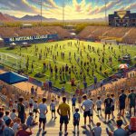 A detailed and realistic high-definition image illustrating the excitement and anticipation filling the air at an Arizona soccer field. Elite youth soccer teams from all around the country are arriving for the National League Quarterfinals. Expect to see the field meticulously prepared, adorned with banners and flags. Various youth teams, of diverse descents and genders, huddled in discussions, practicing, or strategizing their game plans beside their coaches. The atmosphere is abuzz with excitement, spectators filling the grandstands, vibrant energy of cheering crowds, and breathtaking views of the surrounding Arizona landscape.