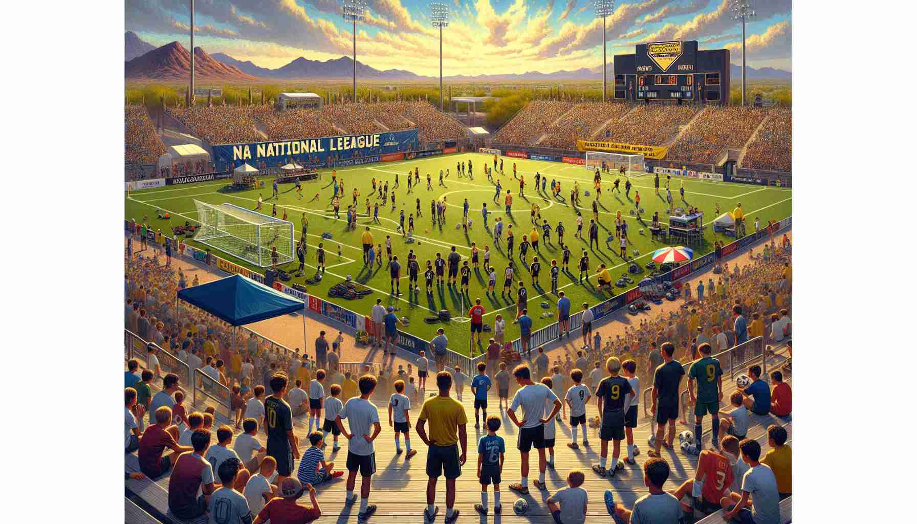 A detailed and realistic high-definition image illustrating the excitement and anticipation filling the air at an Arizona soccer field. Elite youth soccer teams from all around the country are arriving for the National League Quarterfinals. Expect to see the field meticulously prepared, adorned with banners and flags. Various youth teams, of diverse descents and genders, huddled in discussions, practicing, or strategizing their game plans beside their coaches. The atmosphere is abuzz with excitement, spectators filling the grandstands, vibrant energy of cheering crowds, and breathtaking views of the surrounding Arizona landscape.