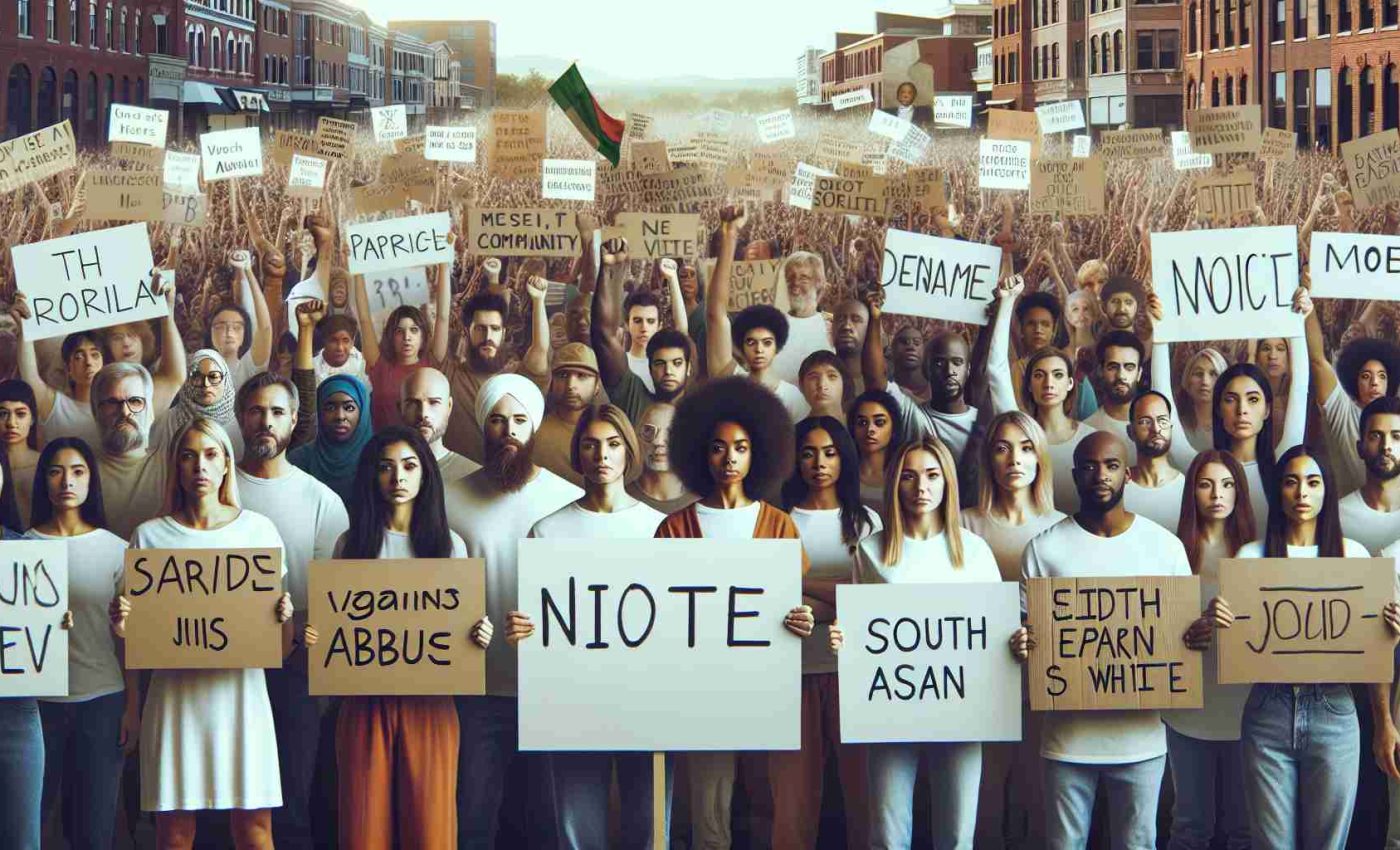 Envision a highly detailed and realistic image, symbolizing standing up against abuse and calling for justice in our communities. Picture a diverse group of individuals, from various descents such as Caucasian, Hispanic, Black, Middle-Eastern, South Asian, and White, united in protest. They hold signs that display powerful messages of change and equality. The backdrop is an urban setting, with recognizable symbols of community such as houses, parks, schools. The atmosphere resonates with determination and solidarity. Note, the image should be in high definition for utmost clarity.