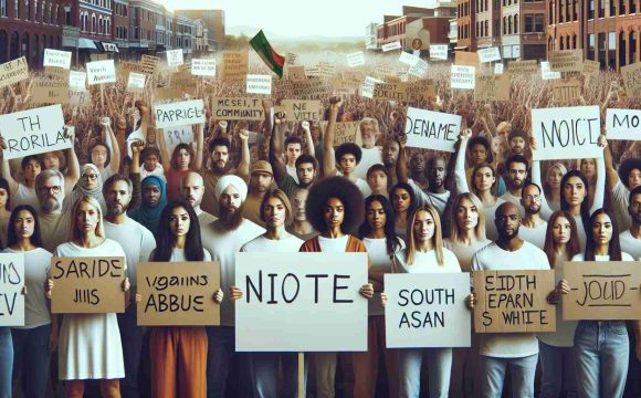 Envision a highly detailed and realistic image, symbolizing standing up against abuse and calling for justice in our communities. Picture a diverse group of individuals, from various descents such as Caucasian, Hispanic, Black, Middle-Eastern, South Asian, and White, united in protest. They hold signs that display powerful messages of change and equality. The backdrop is an urban setting, with recognizable symbols of community such as houses, parks, schools. The atmosphere resonates with determination and solidarity. Note, the image should be in high definition for utmost clarity.