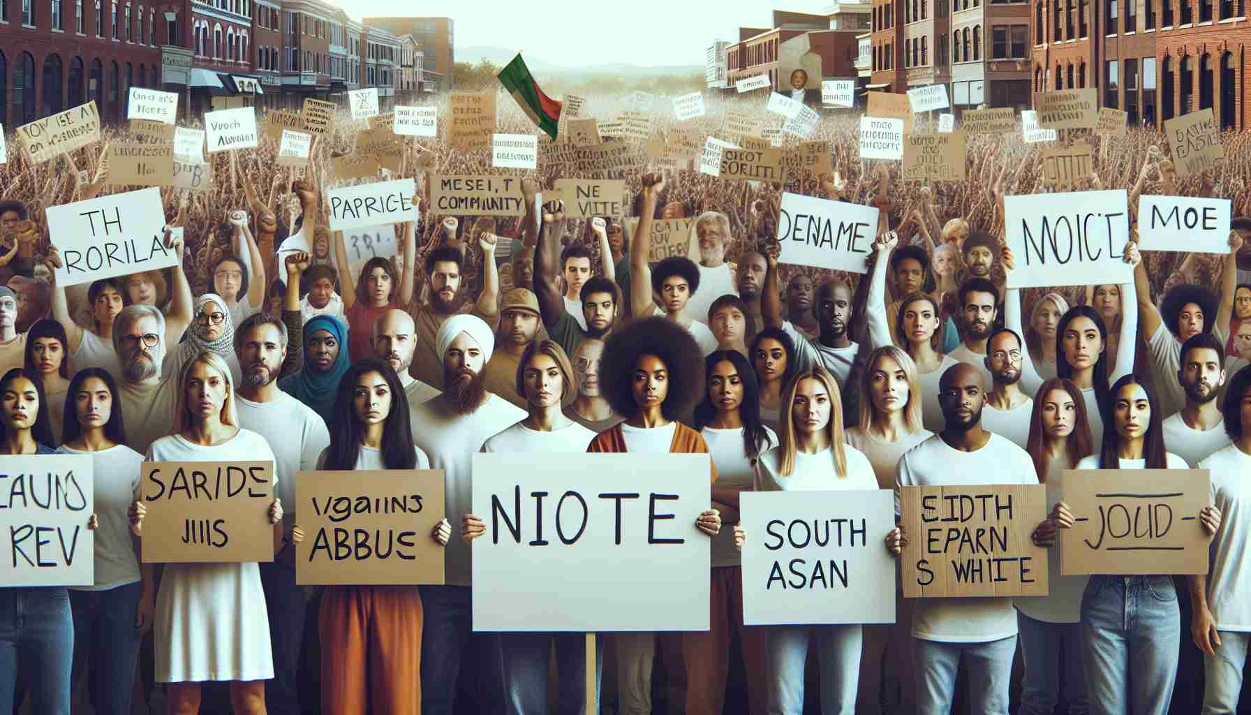 Envision a highly detailed and realistic image, symbolizing standing up against abuse and calling for justice in our communities. Picture a diverse group of individuals, from various descents such as Caucasian, Hispanic, Black, Middle-Eastern, South Asian, and White, united in protest. They hold signs that display powerful messages of change and equality. The backdrop is an urban setting, with recognizable symbols of community such as houses, parks, schools. The atmosphere resonates with determination and solidarity. Note, the image should be in high definition for utmost clarity.