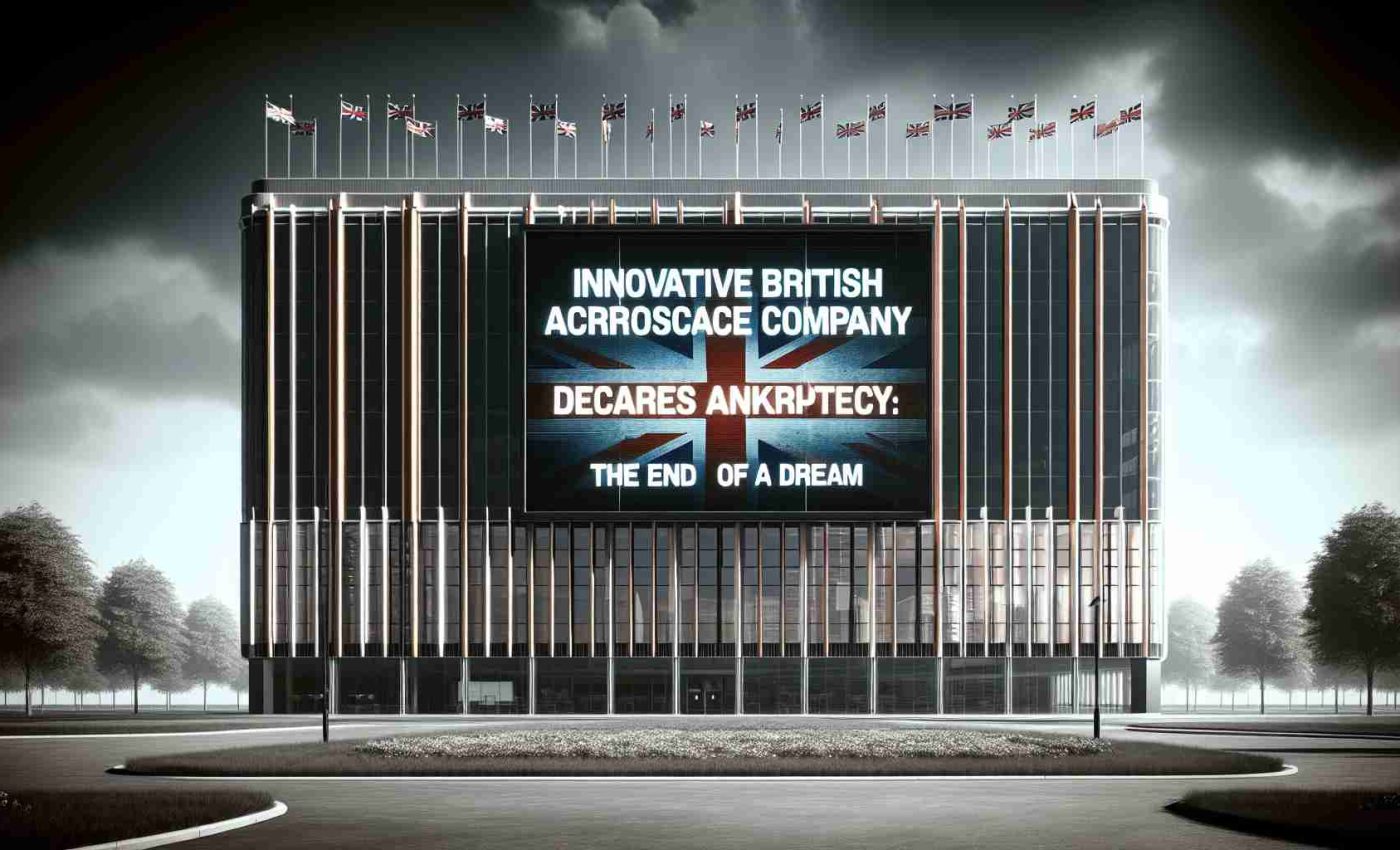 A high-definition image presenting the news of a renowned British aerospace company facing financial downfall, signifying the end of a dream. The frame is filled with a large, corporate building adorned with British flags, representing the company. A headline is featured prominently: 'Innovative British Aerospace Company Declares Bankruptcy: The End of a Dream'. It is stark against the backdrop of cloudy skies, symbolizing impending doom.