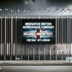 A high-definition image presenting the news of a renowned British aerospace company facing financial downfall, signifying the end of a dream. The frame is filled with a large, corporate building adorned with British flags, representing the company. A headline is featured prominently: 'Innovative British Aerospace Company Declares Bankruptcy: The End of a Dream'. It is stark against the backdrop of cloudy skies, symbolizing impending doom.