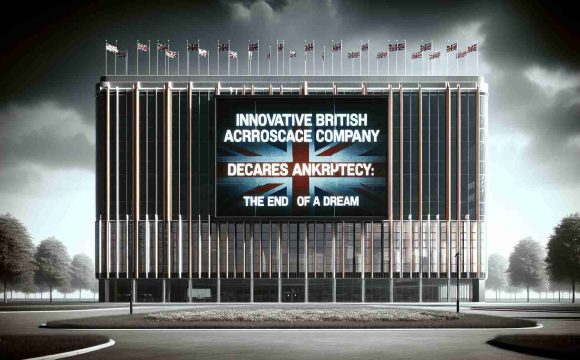 A high-definition image presenting the news of a renowned British aerospace company facing financial downfall, signifying the end of a dream. The frame is filled with a large, corporate building adorned with British flags, representing the company. A headline is featured prominently: 'Innovative British Aerospace Company Declares Bankruptcy: The End of a Dream'. It is stark against the backdrop of cloudy skies, symbolizing impending doom.