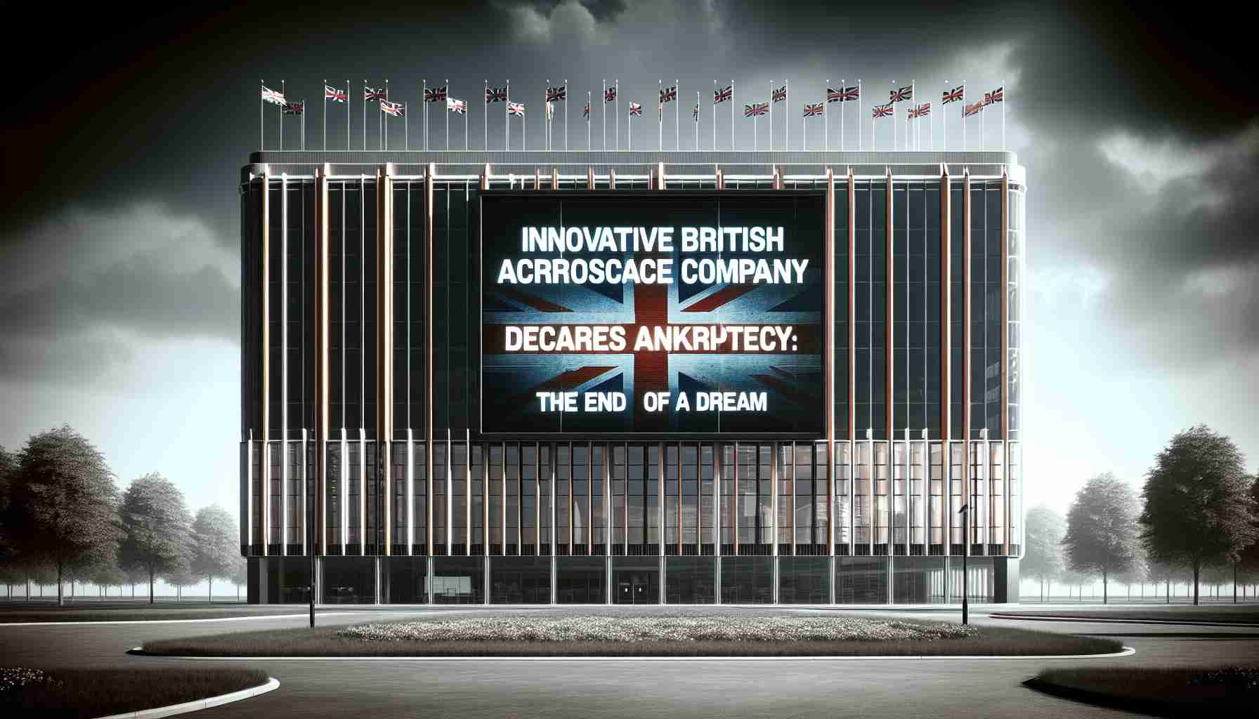 A high-definition image presenting the news of a renowned British aerospace company facing financial downfall, signifying the end of a dream. The frame is filled with a large, corporate building adorned with British flags, representing the company. A headline is featured prominently: 'Innovative British Aerospace Company Declares Bankruptcy: The End of a Dream'. It is stark against the backdrop of cloudy skies, symbolizing impending doom.