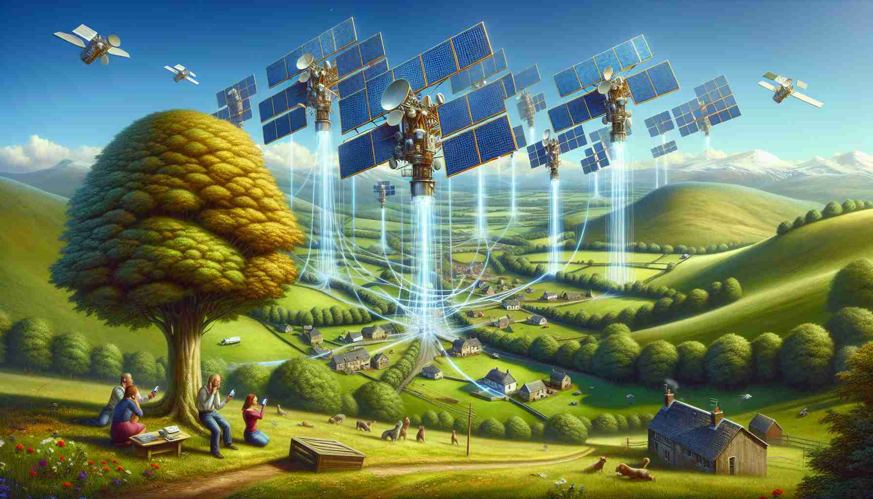 A realistic high-definition image representing the concept of revolutionizing remote connectivity in the United Kingdom through government funding of innovative satellite projects. Picture a metaphorical scene: a handful of shiny new satellites in the clear blue sky, beaming down signals towards the rural and remote areas of the country - rolling green hills, scattered houses, and small towns in the distance. The leaves of the trees rustle in the wind, symbolizing the messages passing through. On the ground, the people excitedly talk on their mobile devices, expressing the joy of improved communication.