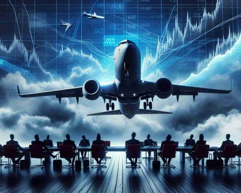 Generate a realistic high definition image displaying a metaphorical representation of the struggles faced by an anonymous aviation company, which can serve as a cautionary tale for investors. The image could feature charts that exhibit a declining trend, an airplane facing turbulent skies or a sparsely populated shareholder meeting. Please remember not to include any specific company names or logos.