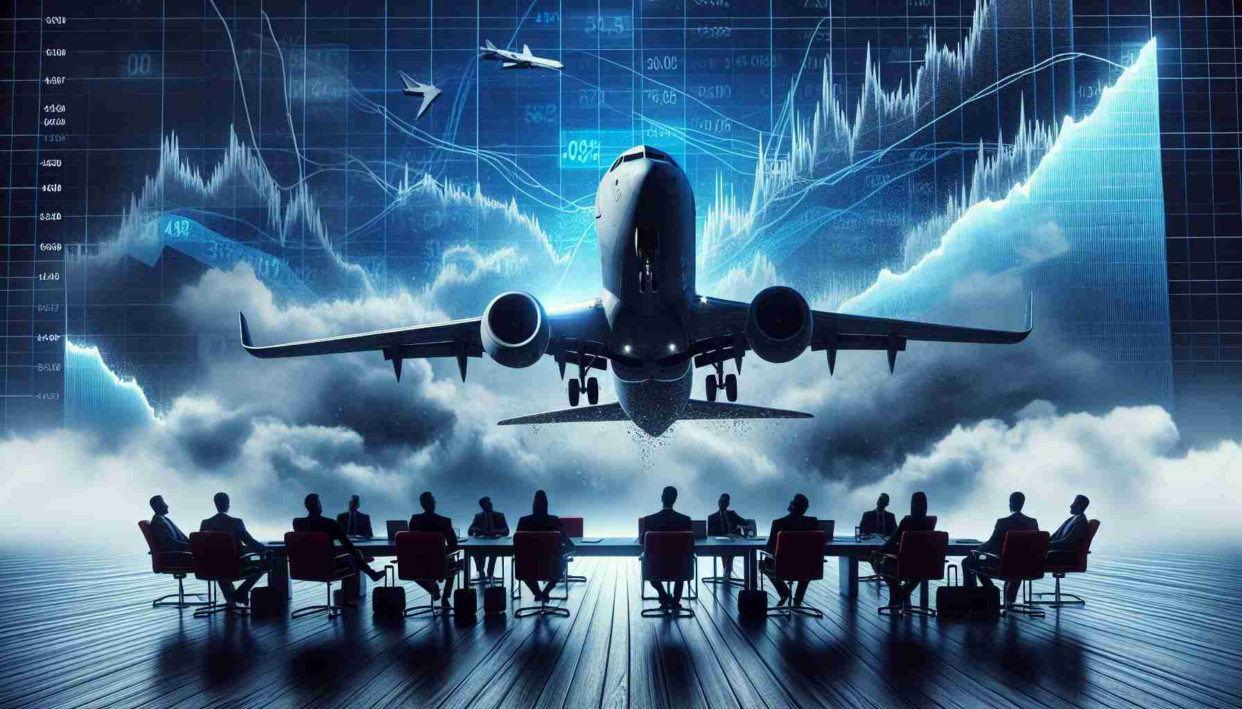 Generate a realistic high definition image displaying a metaphorical representation of the struggles faced by an anonymous aviation company, which can serve as a cautionary tale for investors. The image could feature charts that exhibit a declining trend, an airplane facing turbulent skies or a sparsely populated shareholder meeting. Please remember not to include any specific company names or logos.