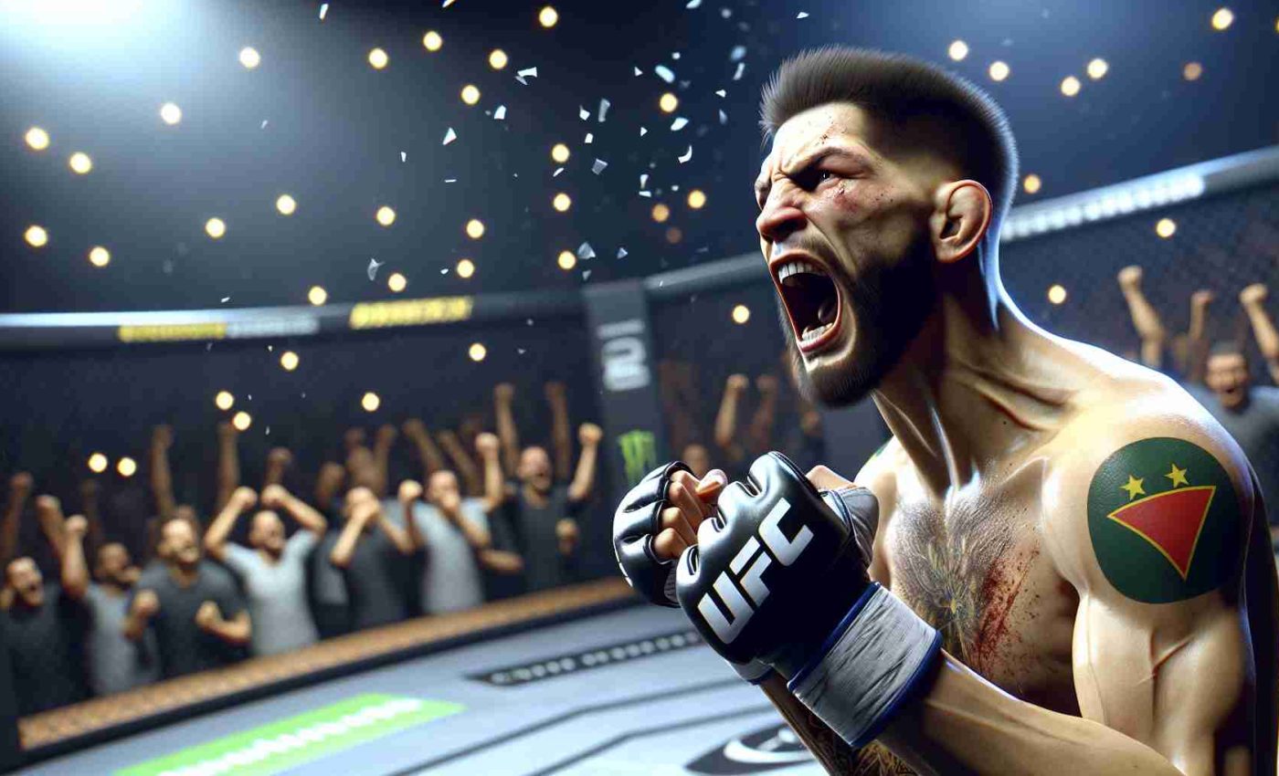 A high-definition, realistic illustration of a professional sports athlete expressing an intense, jaw-dropping reaction because of a shocking outcome in a mixed martial arts fight competition.