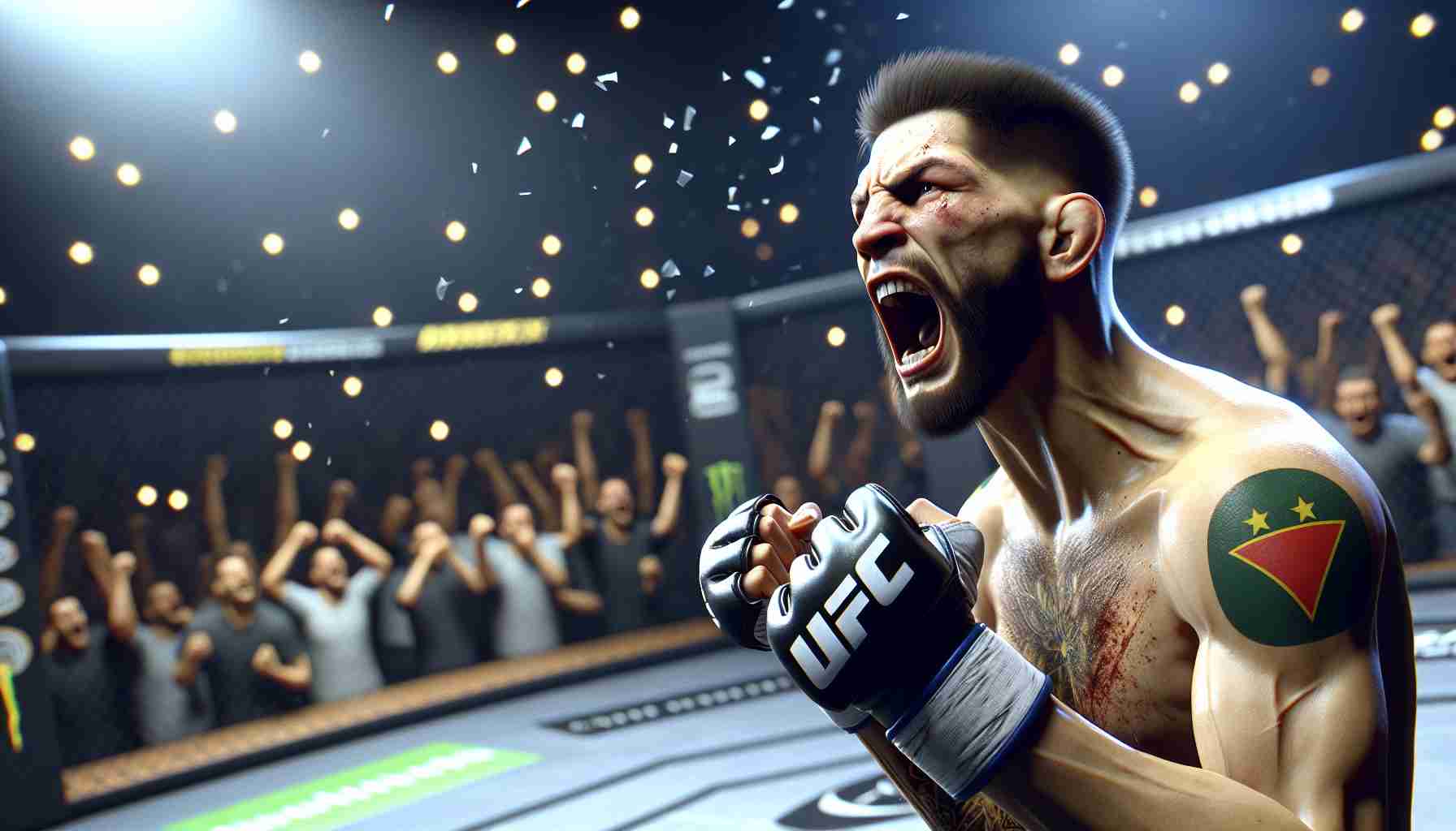 A high-definition, realistic illustration of a professional sports athlete expressing an intense, jaw-dropping reaction because of a shocking outcome in a mixed martial arts fight competition.