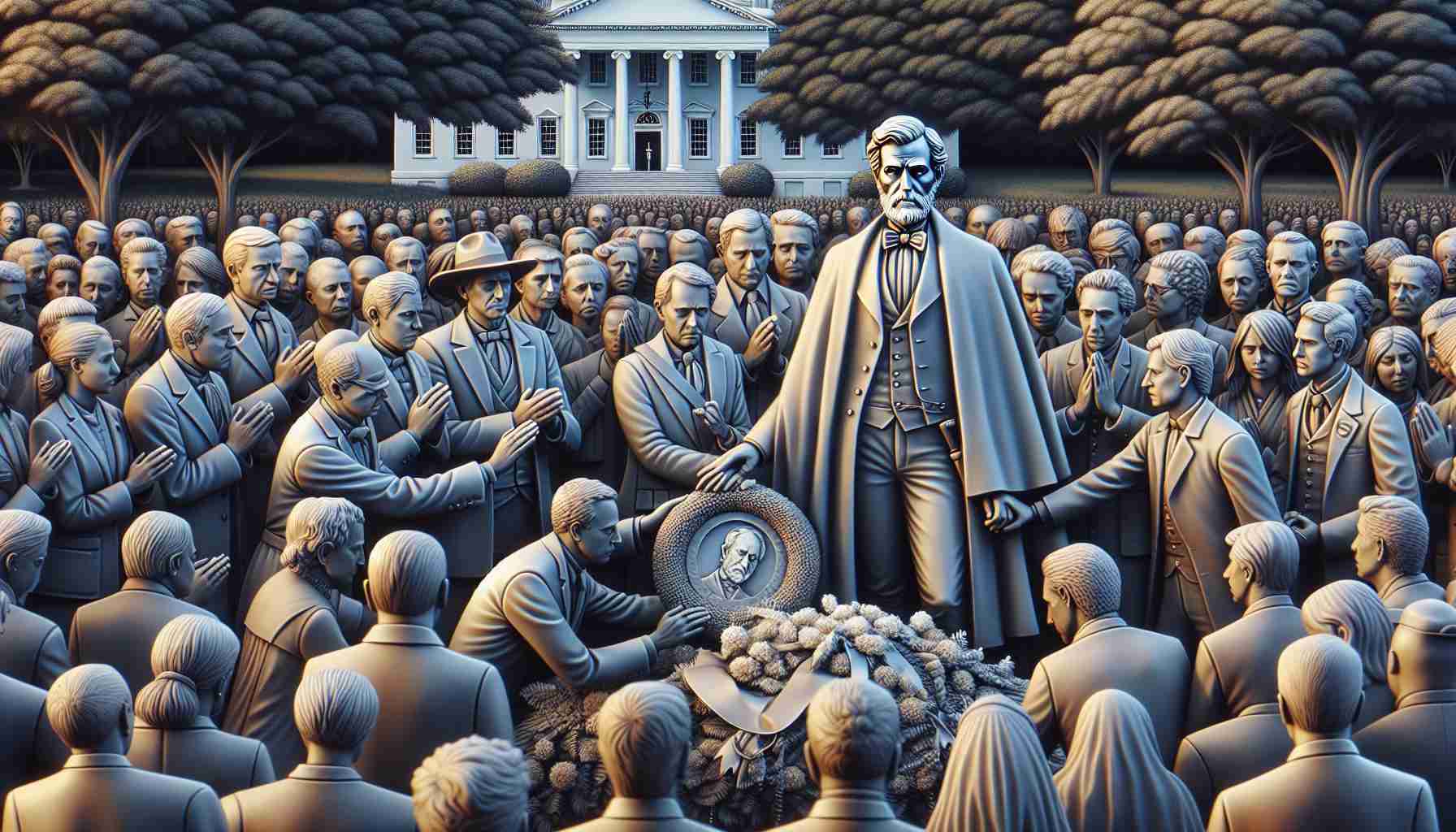 Depict a solemn and respectful scene set in Virginia, where a symbolic representation of a distinguished public figure is being mourned. This unnamed figure was legendary in public service. Incorporate items traditionally associated with public honor and mourning. Have a crowd of people from all walks of life respectfully paying their tributes; they should reflect a variety of genders and descents, including Middle-Eastern, Caucasian, Hispanic, and South Asian. Remember to keep the mood sombre and respectful, reflecting the significant loss.