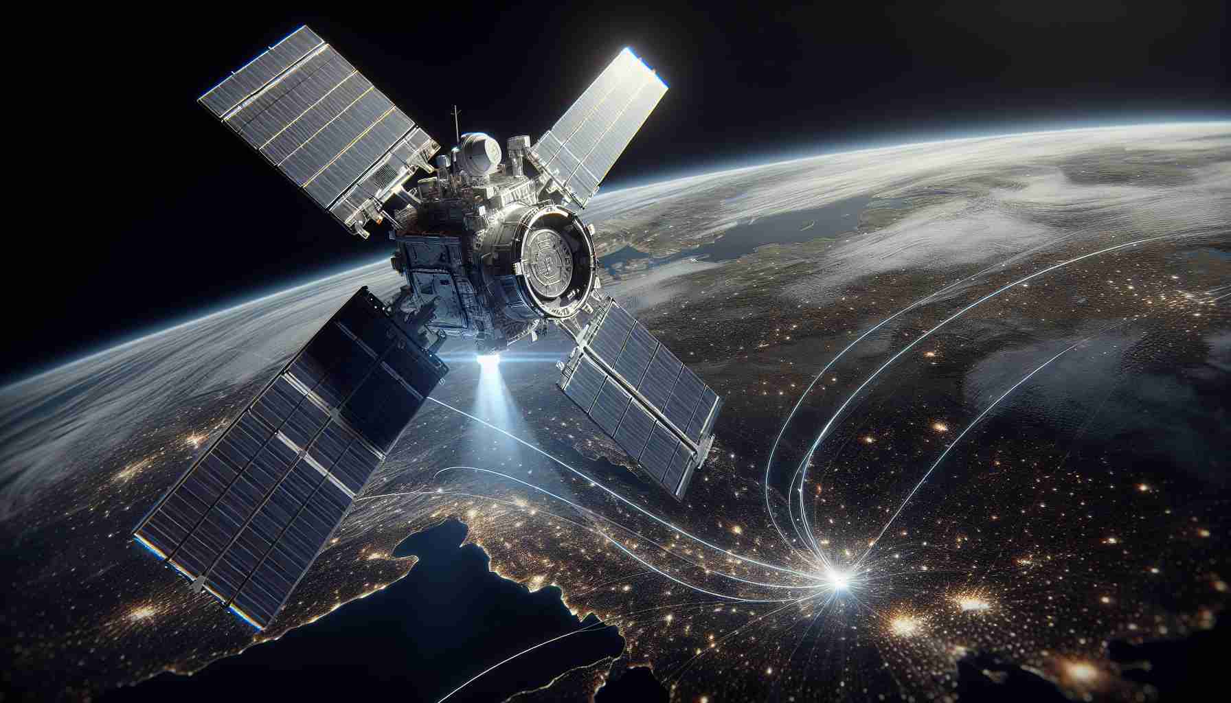 Realistic high-definition image showcasing cutting-edge satellite communication technology added to Airbus's inventory, with the UK military as the primary beneficiary. The scene captures the satellite in orbit with Earth's curvature visible in the backdrop. Attention is given to the intricate detail of the satellite's design and functionality, emphasizing its revolutionary tech aspects, along with a highlighted path indicating the transmission signals.