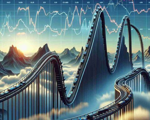 Realistic high-definition image showcasing the roller coaster-like journey of a conceptual stock for a computer hardware company. The image should portray a mix of turbulence and opportunity, with peaks and troughs to symbolize stock highs and lows. The background can show a variety of different landscapes to communicate the wild and diverse nature of this hypothetical ride.