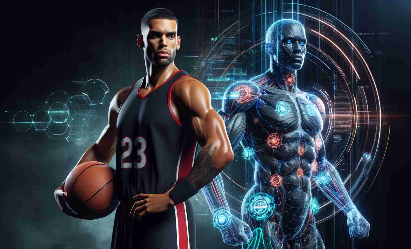 A realistic, high-definition image showing a professional basketball player, with strong physique, well-defined muscles, wearing a black and red jersey. Next to him is a futuristic concept of artificial intelligence symbolized as a dynamic holograph composed of glowing numerical codes and graphics, representing the future of player analysis. Emphasize on the contrast between the physical prowess of the athlete and the digital sophistication of the AI. Might be an interesting concept for a game-changer in the National Basketball League.