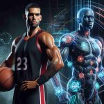 A realistic, high-definition image showing a professional basketball player, with strong physique, well-defined muscles, wearing a black and red jersey. Next to him is a futuristic concept of artificial intelligence symbolized as a dynamic holograph composed of glowing numerical codes and graphics, representing the future of player analysis. Emphasize on the contrast between the physical prowess of the athlete and the digital sophistication of the AI. Might be an interesting concept for a game-changer in the National Basketball League.