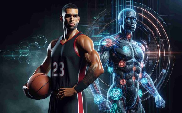 A realistic, high-definition image showing a professional basketball player, with strong physique, well-defined muscles, wearing a black and red jersey. Next to him is a futuristic concept of artificial intelligence symbolized as a dynamic holograph composed of glowing numerical codes and graphics, representing the future of player analysis. Emphasize on the contrast between the physical prowess of the athlete and the digital sophistication of the AI. Might be an interesting concept for a game-changer in the National Basketball League.