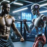 High-definition image illustrating the concept of how artificial intelligence and a professional MMA fighter with similar physique to Джон Джонс could contribute to transforming the world of Mixed Martial Arts (MMA). The depiction involves an athletic man, who is African-American and in peak physical condition, sparring with a robotic figure that has been outfitted with mixed martial arts gear. The background is set in a modern, high-tech training facility filled with AI-related technologies.