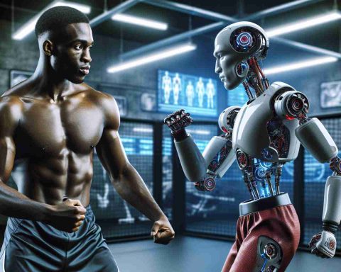 High-definition image illustrating the concept of how artificial intelligence and a professional MMA fighter with similar physique to Джон Джонс could contribute to transforming the world of Mixed Martial Arts (MMA). The depiction involves an athletic man, who is African-American and in peak physical condition, sparring with a robotic figure that has been outfitted with mixed martial arts gear. The background is set in a modern, high-tech training facility filled with AI-related technologies.