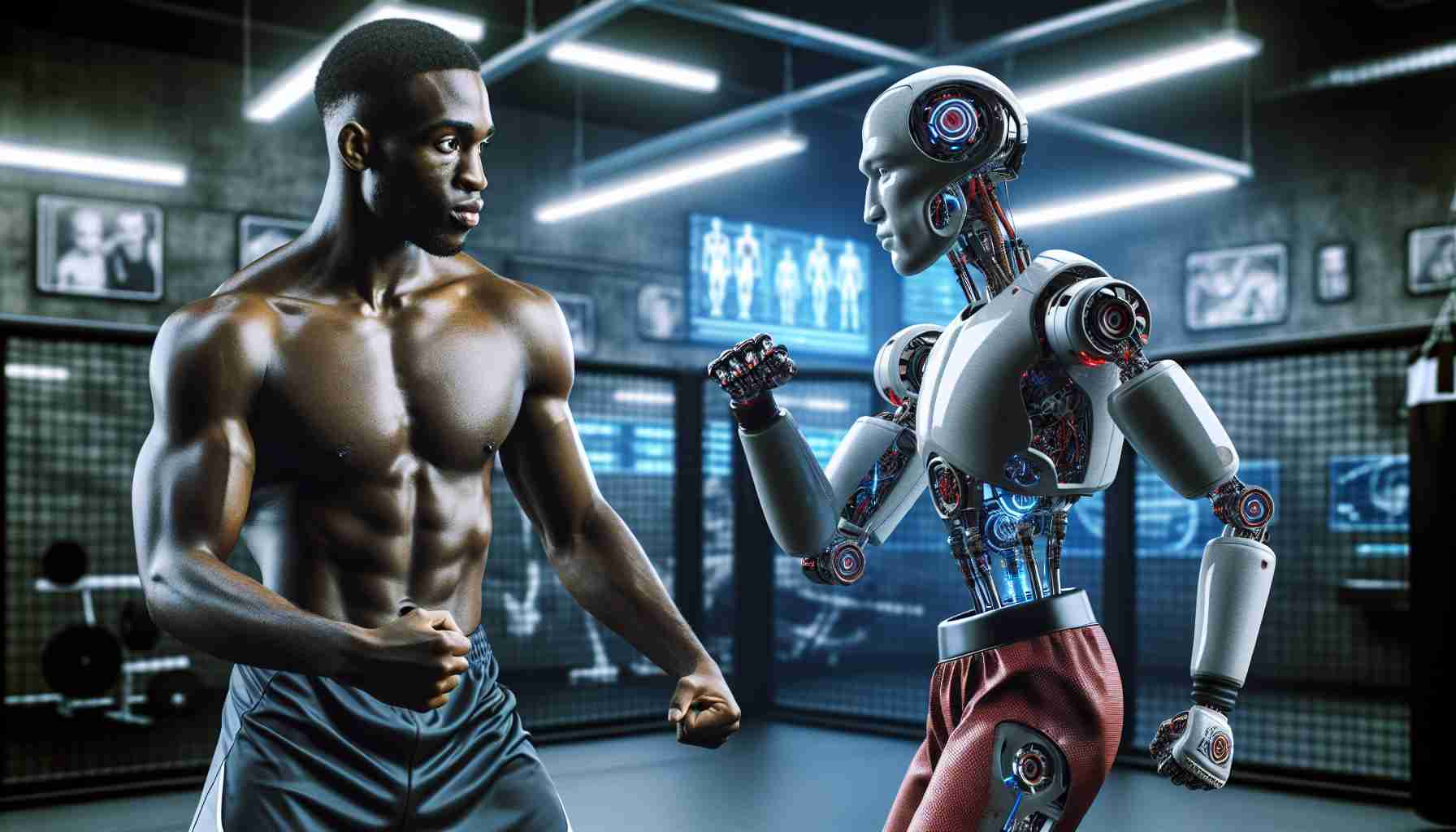 High-definition image illustrating the concept of how artificial intelligence and a professional MMA fighter with similar physique to Джон Джонс could contribute to transforming the world of Mixed Martial Arts (MMA). The depiction involves an athletic man, who is African-American and in peak physical condition, sparring with a robotic figure that has been outfitted with mixed martial arts gear. The background is set in a modern, high-tech training facility filled with AI-related technologies.