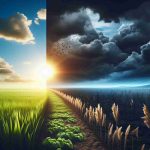 Create a realistic and high-definition image illustrating the text concept 'Financial Future: Bright Prospects or Dark Clouds?' This image can feature a half-bright, half-dark landscape, representing the uncertainty of any company's financial future. On the bright side, it can display a growing verdant field with a rising sun promising prosperity and growth. On the dark side, it can show stormy clouds over a barren landscape, signifying potential financial difficulties and challenges ahead.