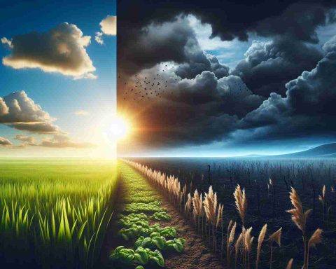 Create a realistic and high-definition image illustrating the text concept 'Financial Future: Bright Prospects or Dark Clouds?' This image can feature a half-bright, half-dark landscape, representing the uncertainty of any company's financial future. On the bright side, it can display a growing verdant field with a rising sun promising prosperity and growth. On the dark side, it can show stormy clouds over a barren landscape, signifying potential financial difficulties and challenges ahead.