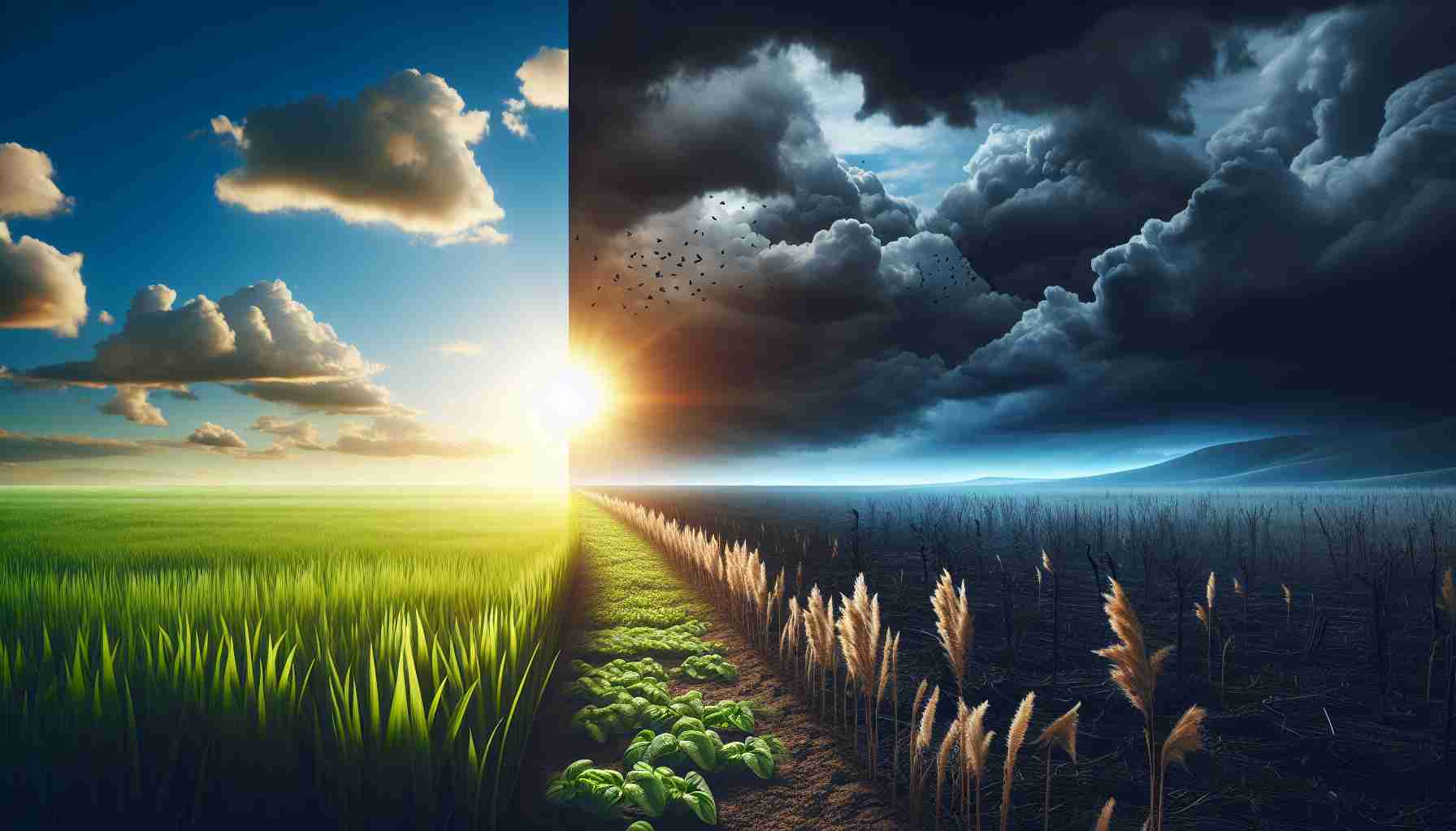 Create a realistic and high-definition image illustrating the text concept 'Financial Future: Bright Prospects or Dark Clouds?' This image can feature a half-bright, half-dark landscape, representing the uncertainty of any company's financial future. On the bright side, it can display a growing verdant field with a rising sun promising prosperity and growth. On the dark side, it can show stormy clouds over a barren landscape, signifying potential financial difficulties and challenges ahead.