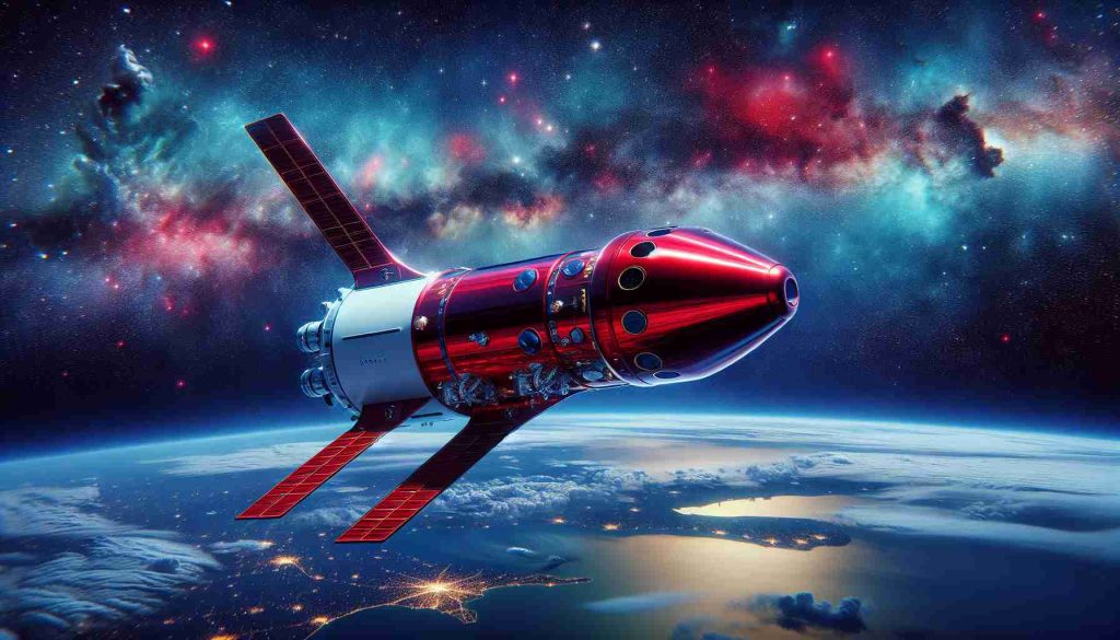 A highly realistic, high-definition depiction of a vibrant and boldly redesigned spacecraft, styled by the famous private space company. Its gleaming body is painted a striking shade of red, symbolising its mission. The spacecraft aims to travel fast towards Mars, prompting a sense of urgency and the spirit of exploration. It soars into the depths of star-studded outer space, surrounded by an expanse of galaxies, nebulae, stars, and the distant sight of Earth below. The sky fades from a vibrant azure at the horizon to the deep, infinite darkness of outer space, emphasizing the craft's ambitious ascent.