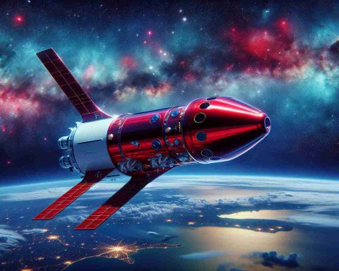 A highly realistic, high-definition depiction of a vibrant and boldly redesigned spacecraft, styled by the famous private space company. Its gleaming body is painted a striking shade of red, symbolising its mission. The spacecraft aims to travel fast towards Mars, prompting a sense of urgency and the spirit of exploration. It soars into the depths of star-studded outer space, surrounded by an expanse of galaxies, nebulae, stars, and the distant sight of Earth below. The sky fades from a vibrant azure at the horizon to the deep, infinite darkness of outer space, emphasizing the craft's ambitious ascent.