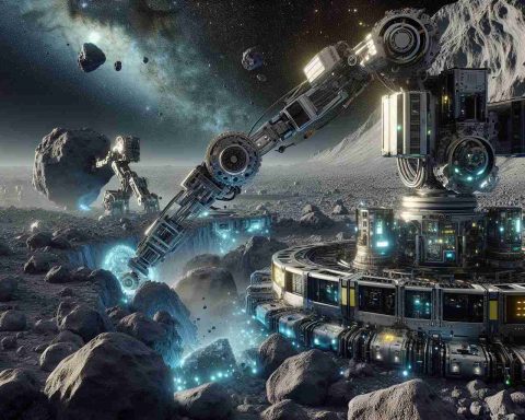 A hyper-realistic, high-definition visual representation depicting the intersection of technological advancements and space exploration. In the scene, AI-driven robots are seen mining on asteroids, showcasing the possible future of space mining. The vast emptiness of space forms the backdrop, while the focus remains on the machines meticulously extracting valuable resources from the asteroids. The machines feature cutting-edge technology and robust designs to withstand the harsh conditions of space. The overall atmosphere is one of mystery, anticipation, and marvel at human technological advancement.