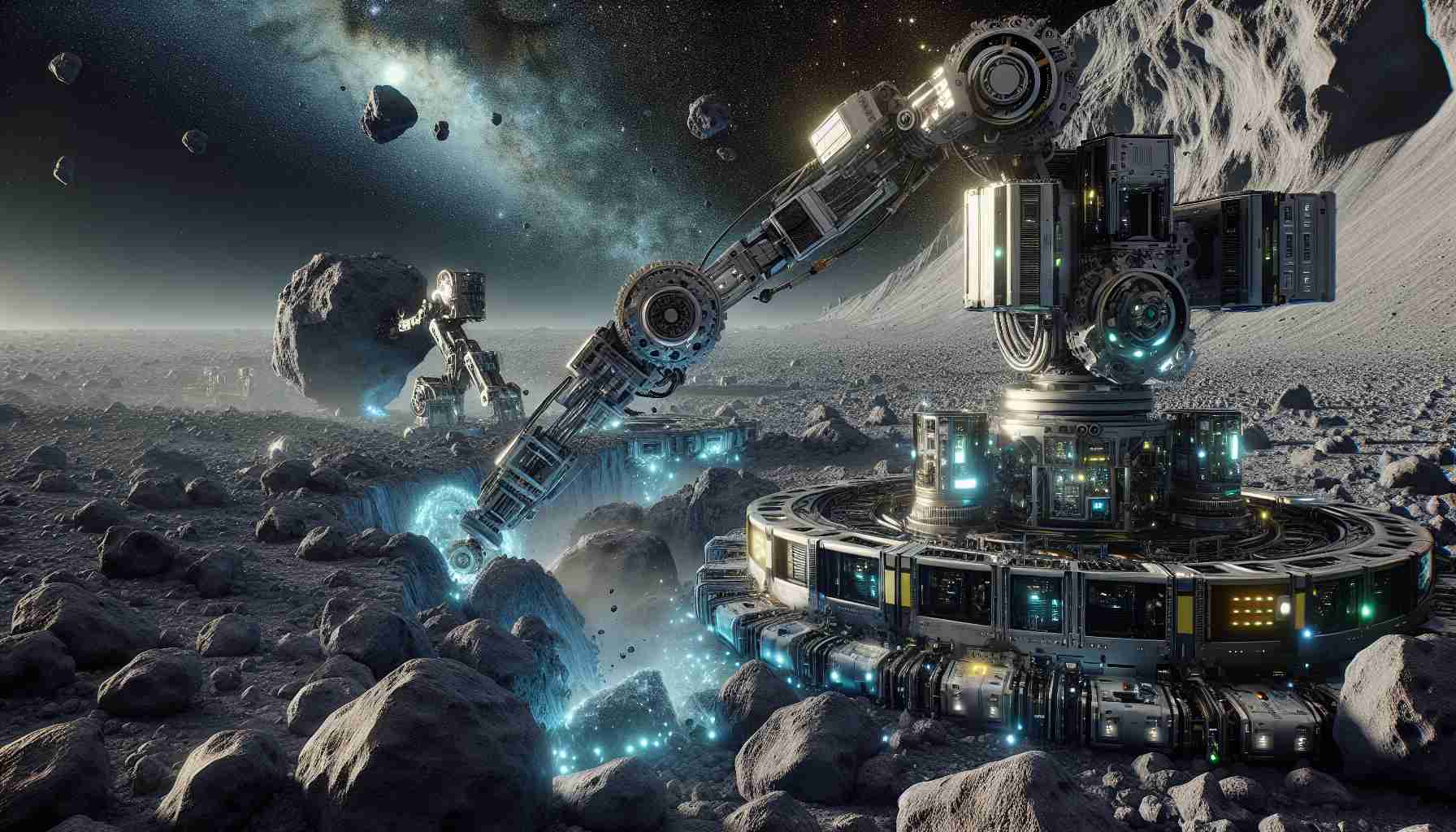 A hyper-realistic, high-definition visual representation depicting the intersection of technological advancements and space exploration. In the scene, AI-driven robots are seen mining on asteroids, showcasing the possible future of space mining. The vast emptiness of space forms the backdrop, while the focus remains on the machines meticulously extracting valuable resources from the asteroids. The machines feature cutting-edge technology and robust designs to withstand the harsh conditions of space. The overall atmosphere is one of mystery, anticipation, and marvel at human technological advancement.