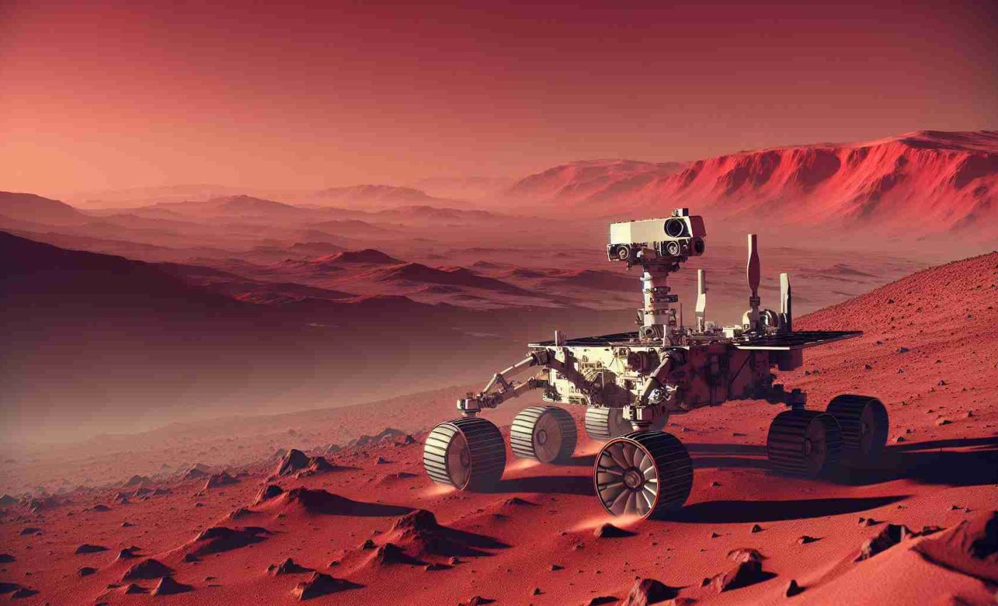 Generate a realistic, high-resolution image of a space exploration rover, bathed in the subtle red-orange hues of an alien landscape. The terrain around the rover is a semi-arid, rocky desert with dust particles seemingly suspended in the thin atmosphere. In the never-ending crimson horizons, barren mountains should dot the landscape, giving a sense of vast expanse. The rover itself is a mix of white and metallic hues, with its intricate mechanical parts clearly displayed. It casts a small shadow on the dusty ground as the faint Martian sunlight shines on it.