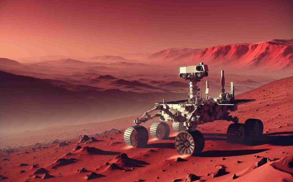 Generate a realistic, high-resolution image of a space exploration rover, bathed in the subtle red-orange hues of an alien landscape. The terrain around the rover is a semi-arid, rocky desert with dust particles seemingly suspended in the thin atmosphere. In the never-ending crimson horizons, barren mountains should dot the landscape, giving a sense of vast expanse. The rover itself is a mix of white and metallic hues, with its intricate mechanical parts clearly displayed. It casts a small shadow on the dusty ground as the faint Martian sunlight shines on it.