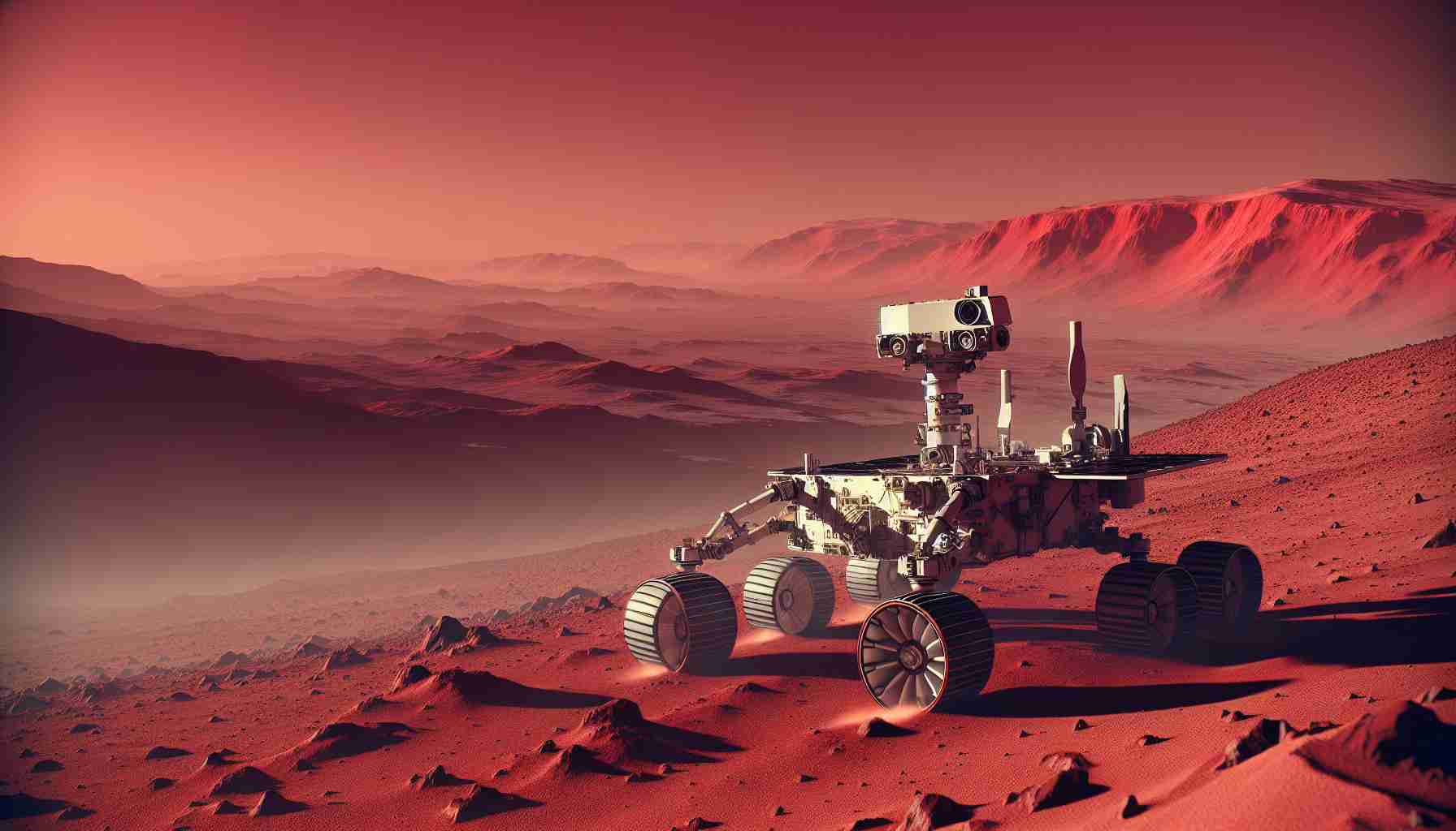 Generate a realistic, high-resolution image of a space exploration rover, bathed in the subtle red-orange hues of an alien landscape. The terrain around the rover is a semi-arid, rocky desert with dust particles seemingly suspended in the thin atmosphere. In the never-ending crimson horizons, barren mountains should dot the landscape, giving a sense of vast expanse. The rover itself is a mix of white and metallic hues, with its intricate mechanical parts clearly displayed. It casts a small shadow on the dusty ground as the faint Martian sunlight shines on it.