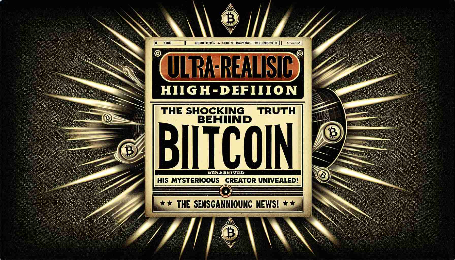 An ultra-realistic, high-definition image of a stylized headline that reads 'The Shocking Truth Behind Bitcoin's Mysterious Creator Will Be Unveiled!', with dramatic burst graphics in the background to emphasize the sensational news. The overall style should be akin to the headline of a detective novel or a conspiracy theory book cover.