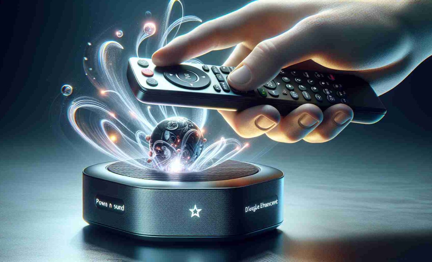 Realistic high-definition image depicting the process of powering on sound and activating dialogue enhancement on a popular streaming device, with a focus on a hand about to click a remote control button. The streaming device and remote control should not explicitly take the form of any real brand's product.