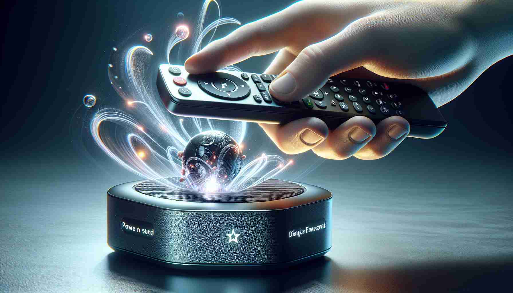 Realistic high-definition image depicting the process of powering on sound and activating dialogue enhancement on a popular streaming device, with a focus on a hand about to click a remote control button. The streaming device and remote control should not explicitly take the form of any real brand's product.