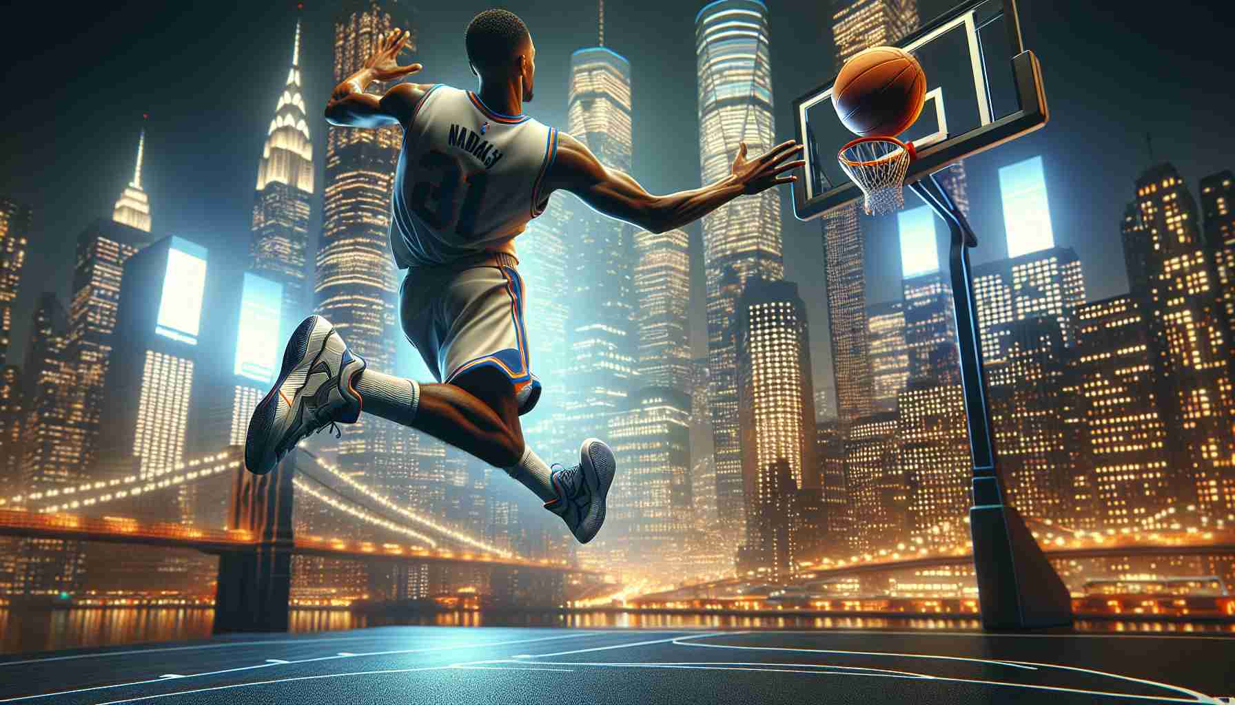 Render a hyper-realistic HD image of a tall, athletic basketball player's move which could potentially change award dynamics for another unidentified professional basketball player.