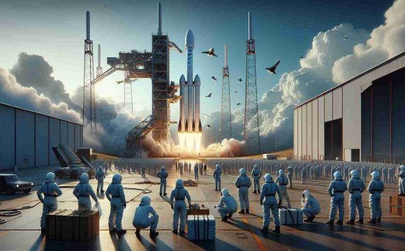 A realistic high-definition image illustrating European space ventures turning to SpaceX during a moment of critical launch delay of Arianespace. The scene should show a rocket launch pad under clear blue sky with SpaceX's Falcon 9 rocket ready for launch. There are engineers of various descents and genders in protective gears inspecting the preparations. The Arianespace rocket in a hangar in the background, signifying the delay. A palpable sense of urgency fills the scene.