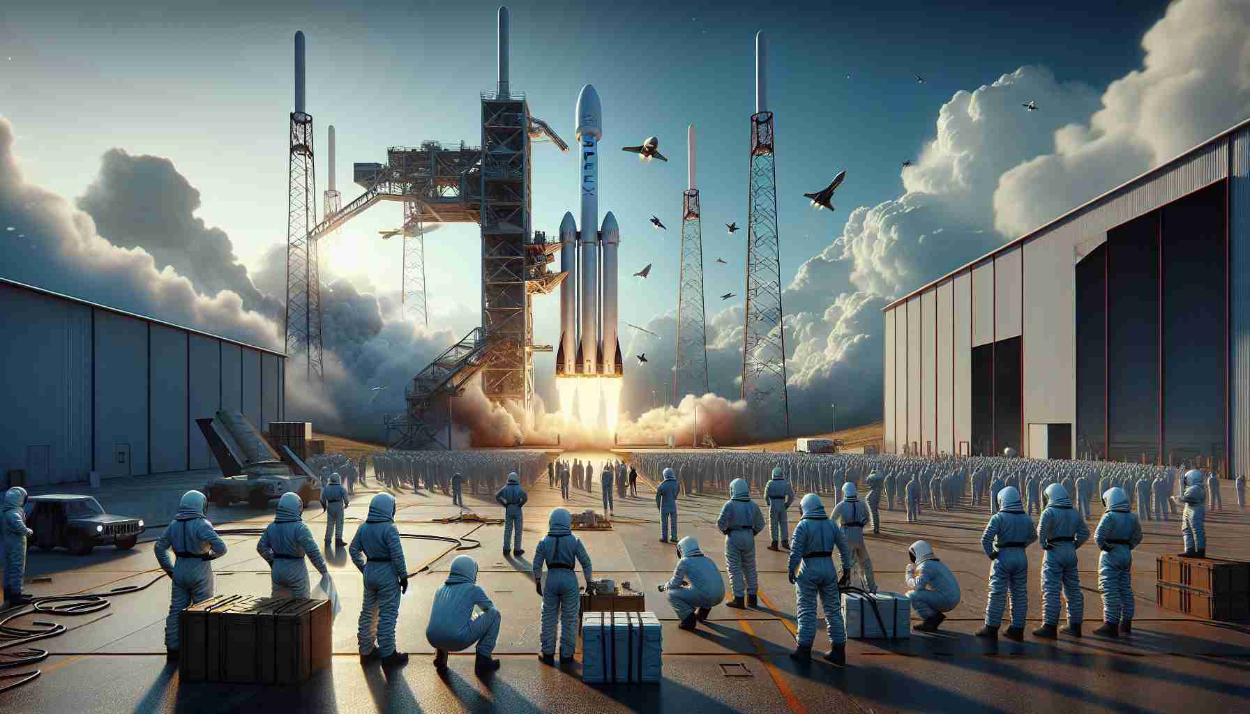 A realistic high-definition image illustrating European space ventures turning to SpaceX during a moment of critical launch delay of Arianespace. The scene should show a rocket launch pad under clear blue sky with SpaceX's Falcon 9 rocket ready for launch. There are engineers of various descents and genders in protective gears inspecting the preparations. The Arianespace rocket in a hangar in the background, signifying the delay. A palpable sense of urgency fills the scene.