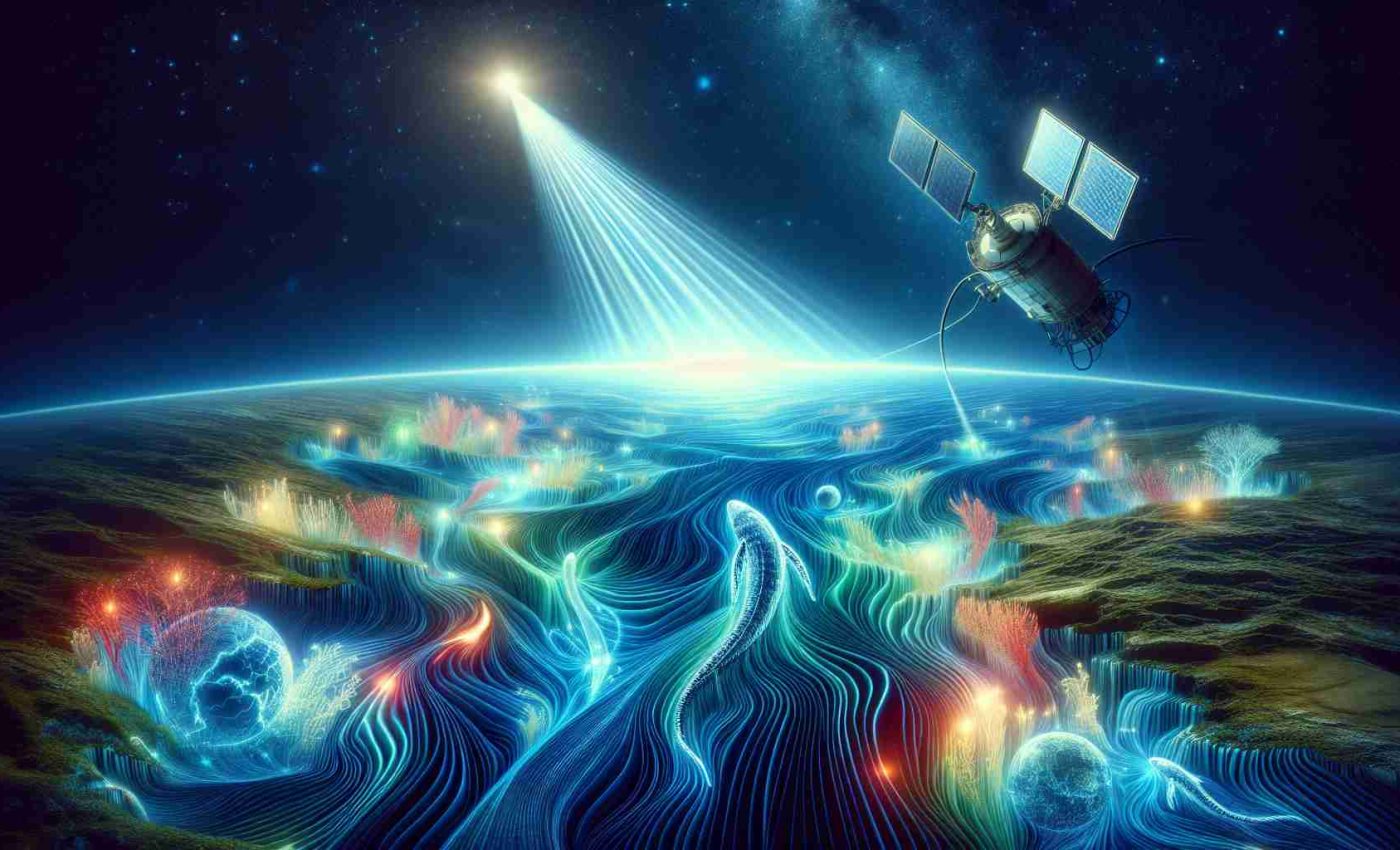 Generate a realistic high-definition image showing the concept of 'Shocking Discovery: Space Technology Reveals Ocean Mysteries'. The scene displays sophisticated satellite technology in space beaming down into the earth's deep ocean, uncovering hidden mysteries beneath the surface. Different color lights could represent various forms of data being collected, and the deep ocean could appear almost mystical, revealing creatures and formations never seen before.