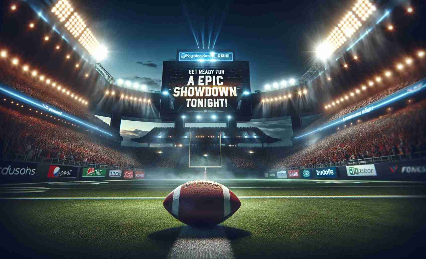 Create a high definition, realistic image featuring the atmosphere of an anticipated American football game. Show a dimly lit football stadium, bathed in bright, dramatic spotlights. In the middle, an American football rests on a negotiating tee, ready for kickoff. On the large screen overhead, dynamic text flashes: 'Get Ready for an Epic Showdown Tonight!' The energy of the crowd is palpable, with fans wearing different colors according to their supported teams. The cool evening sky is visible above the open stadium, completing the setting for an epic showdown.