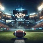 Create a high definition, realistic image featuring the atmosphere of an anticipated American football game. Show a dimly lit football stadium, bathed in bright, dramatic spotlights. In the middle, an American football rests on a negotiating tee, ready for kickoff. On the large screen overhead, dynamic text flashes: 'Get Ready for an Epic Showdown Tonight!' The energy of the crowd is palpable, with fans wearing different colors according to their supported teams. The cool evening sky is visible above the open stadium, completing the setting for an epic showdown.