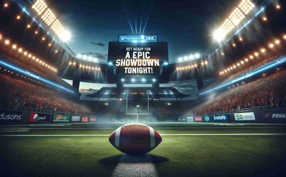 Create a high definition, realistic image featuring the atmosphere of an anticipated American football game. Show a dimly lit football stadium, bathed in bright, dramatic spotlights. In the middle, an American football rests on a negotiating tee, ready for kickoff. On the large screen overhead, dynamic text flashes: 'Get Ready for an Epic Showdown Tonight!' The energy of the crowd is palpable, with fans wearing different colors according to their supported teams. The cool evening sky is visible above the open stadium, completing the setting for an epic showdown.