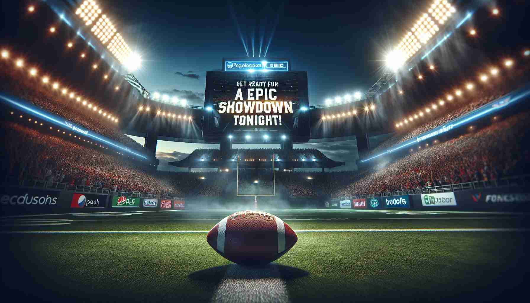 Create a high definition, realistic image featuring the atmosphere of an anticipated American football game. Show a dimly lit football stadium, bathed in bright, dramatic spotlights. In the middle, an American football rests on a negotiating tee, ready for kickoff. On the large screen overhead, dynamic text flashes: 'Get Ready for an Epic Showdown Tonight!' The energy of the crowd is palpable, with fans wearing different colors according to their supported teams. The cool evening sky is visible above the open stadium, completing the setting for an epic showdown.