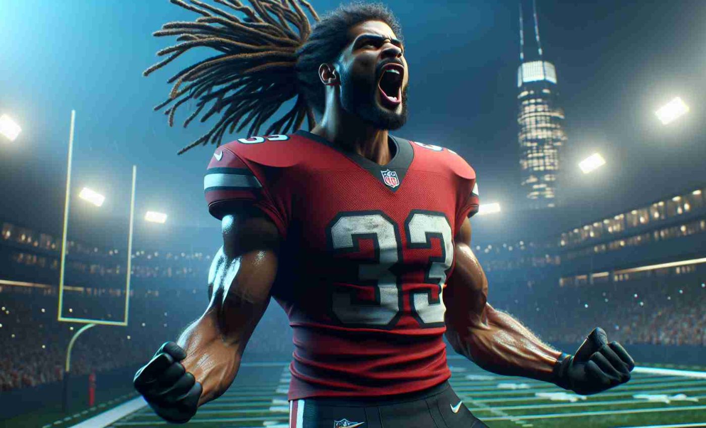 High-definition realistic image of a professional American football player, with a strong build and dreadlock hairstyle, celebrating enthusiastically. This scene represents a major turning point in his career. Please emphasize the excitement and joy in his facial expressions and body language, as well as an environment that hints at the breaking of major news.