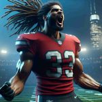 High-definition realistic image of a professional American football player, with a strong build and dreadlock hairstyle, celebrating enthusiastically. This scene represents a major turning point in his career. Please emphasize the excitement and joy in his facial expressions and body language, as well as an environment that hints at the breaking of major news.