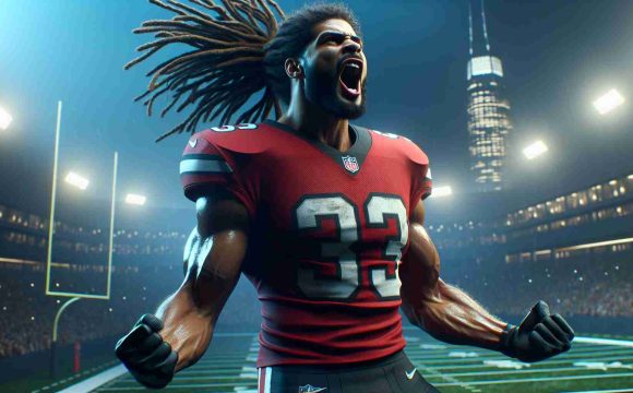 High-definition realistic image of a professional American football player, with a strong build and dreadlock hairstyle, celebrating enthusiastically. This scene represents a major turning point in his career. Please emphasize the excitement and joy in his facial expressions and body language, as well as an environment that hints at the breaking of major news.