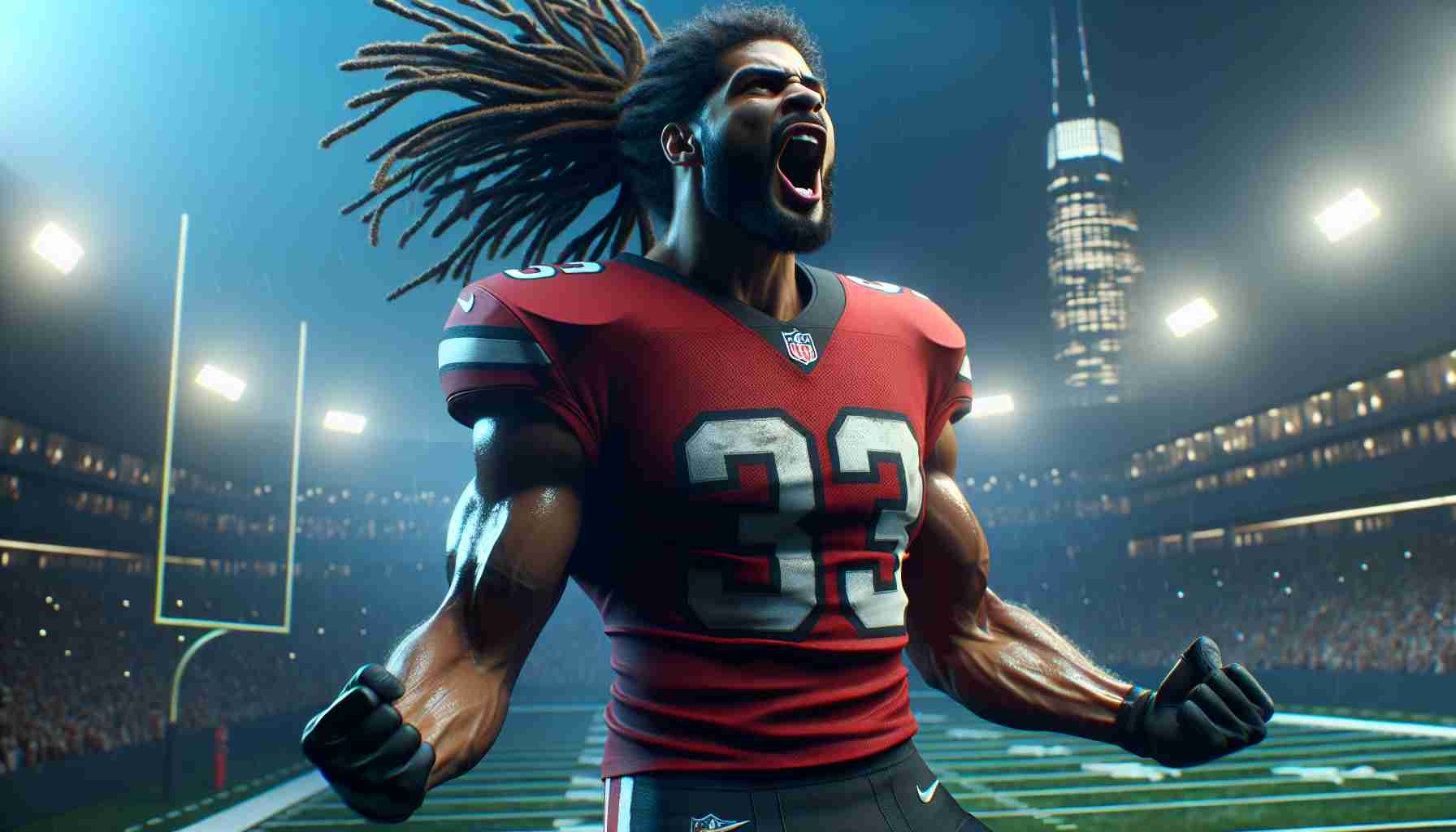 High-definition realistic image of a professional American football player, with a strong build and dreadlock hairstyle, celebrating enthusiastically. This scene represents a major turning point in his career. Please emphasize the excitement and joy in his facial expressions and body language, as well as an environment that hints at the breaking of major news.