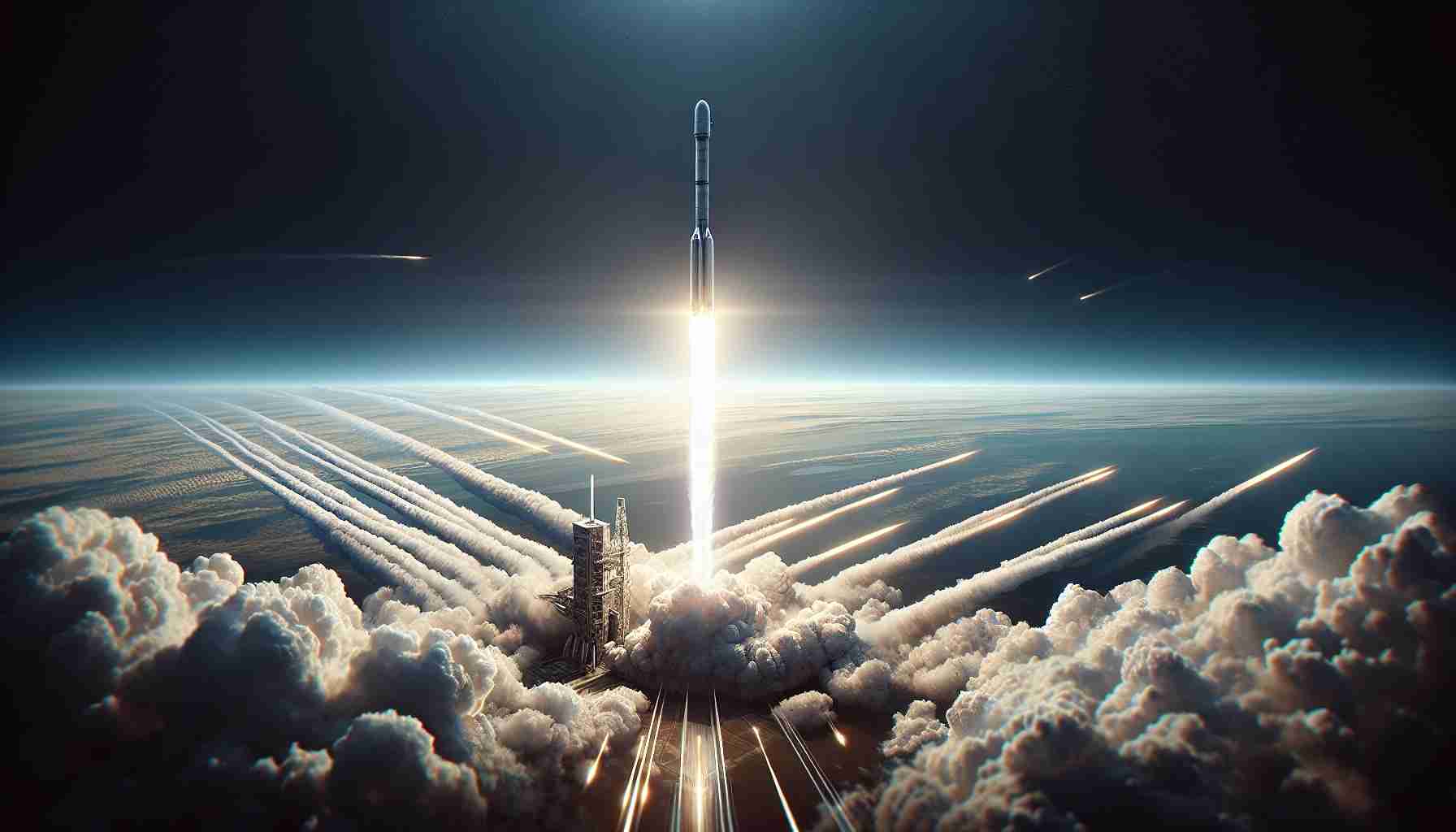 A high-definition, realistic image showing the exciting launch of a rocket, not affiliated with any specific company or organization. The rocket is propelling 24 new satellites into orbit, and the atmosphere around is filled with intense anticipation and suspense. Vapor trails mark the path of the rocket against the vast expanses of the blue sky. The launching is happening from a technologically-advanced cosmodrome.